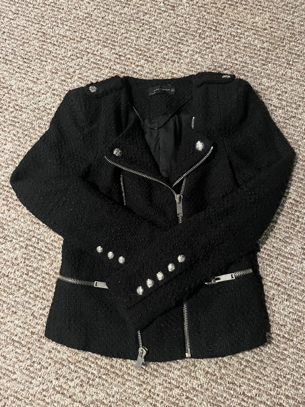 Zara Black Tweed Moto Blazer with Silver Hardware
